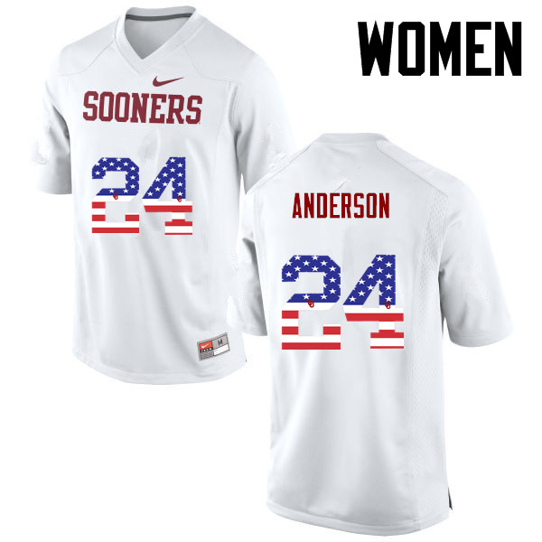 Women Oklahoma Sooners #24 Rodney Anderson College Football USA Flag Fashion Jerseys-White - Click Image to Close